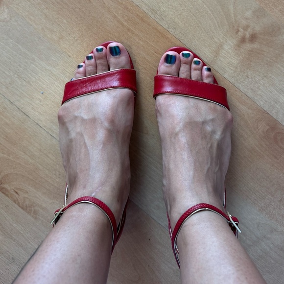red+gold open-toe ankle-strap kitten wedge sandals - Picture 5 of 5